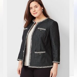 Talbots Tweed Trim Black Chambray Denim Blazer Business Office Patch Pockets 16